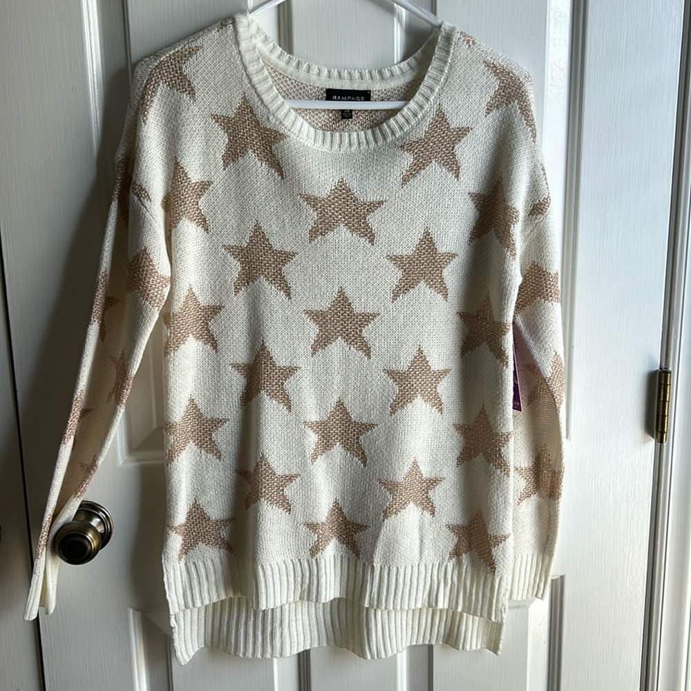 Rampage Sweater Knit Top Women Medium Long Sleeve with Champagne Shimmer Stars